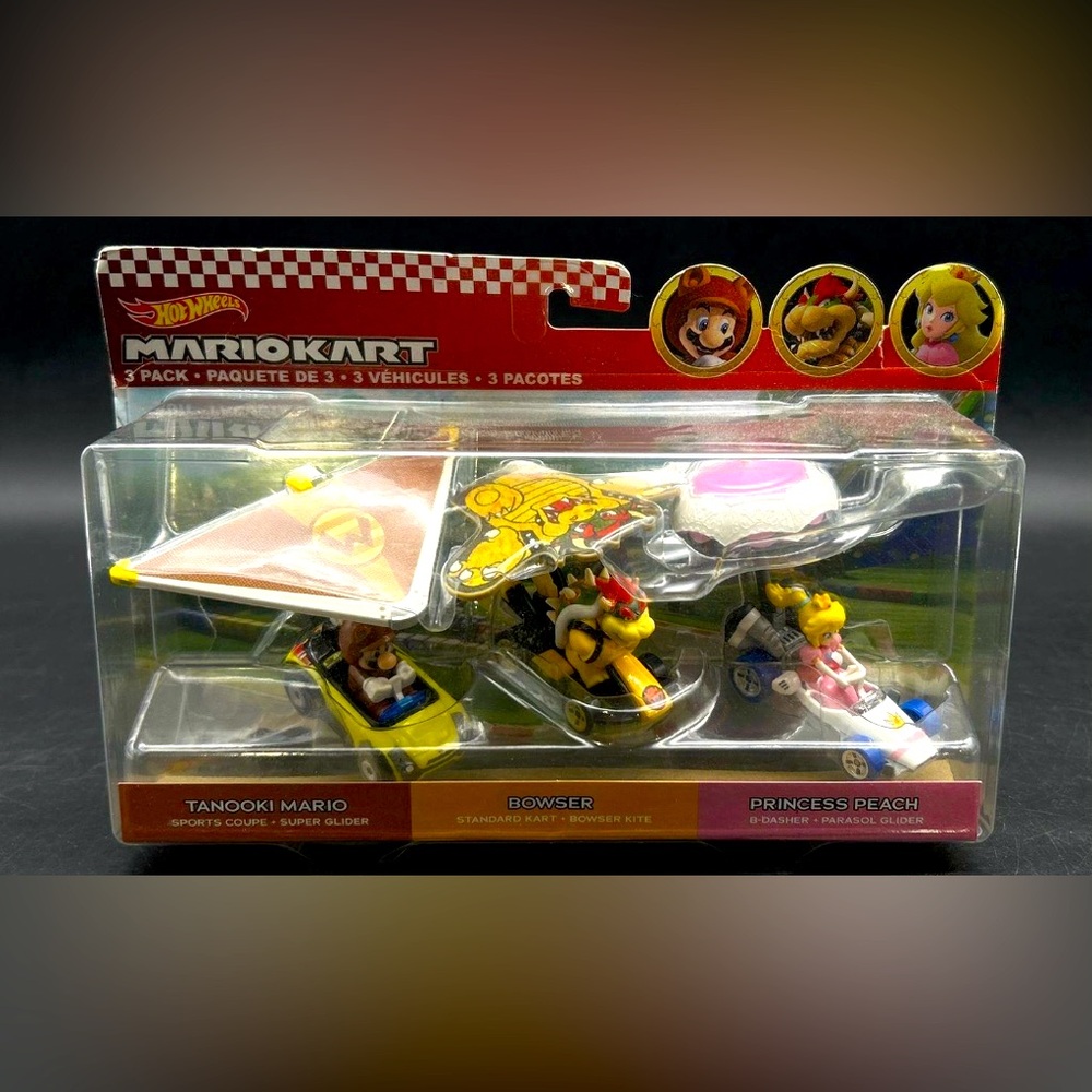 New 2023 Hot Wheels Mario Kart Bowser - Princess Peach - Tanooki Mario 3 Pack